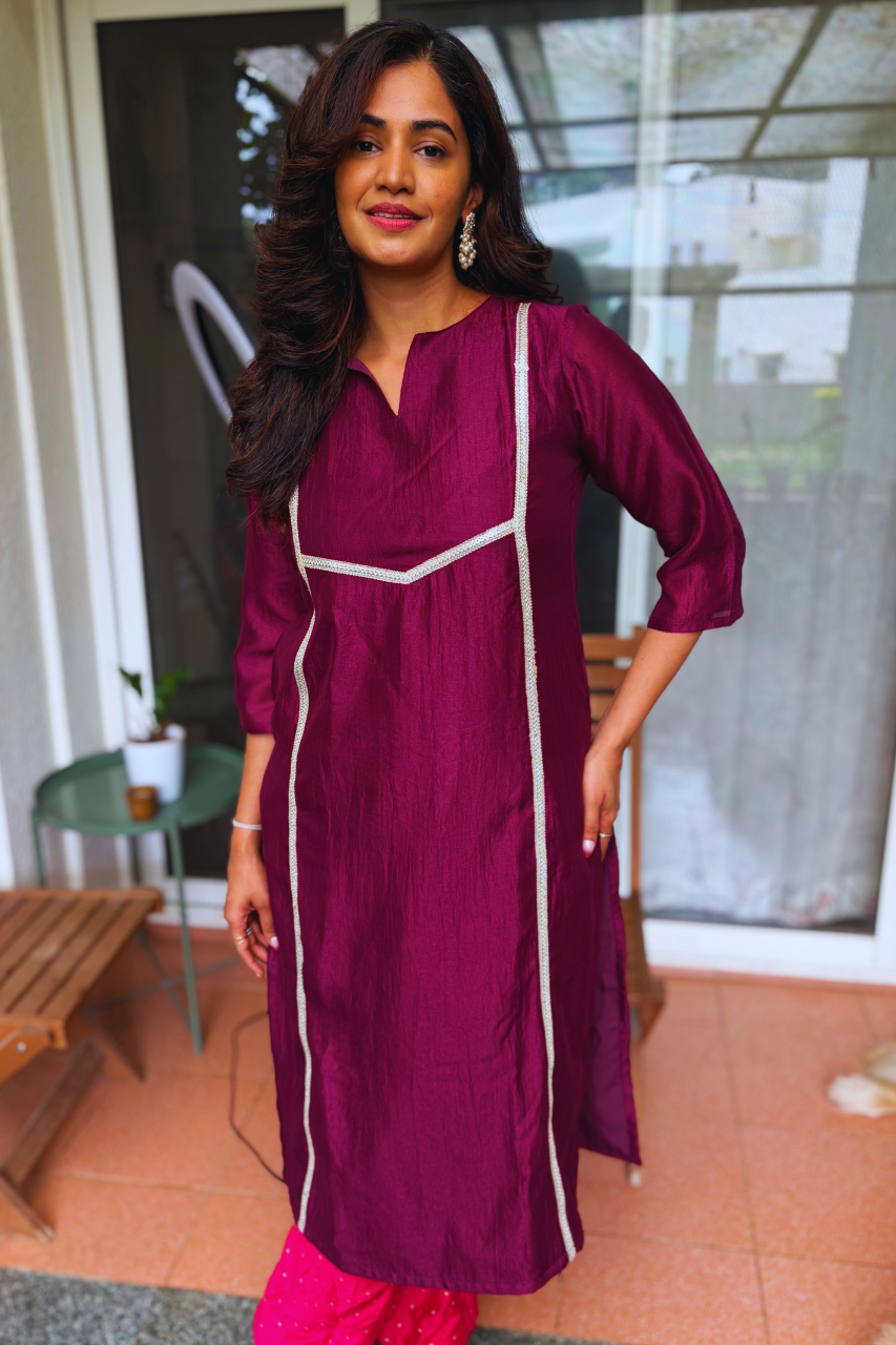 Marais Solid Purple Tonal Kurta Set With Pink Pant