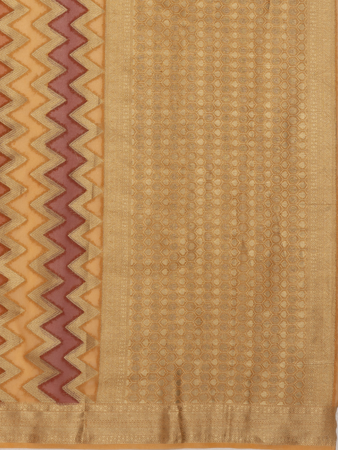 Divine Drapes Ikat Design Peach And Gold Saree