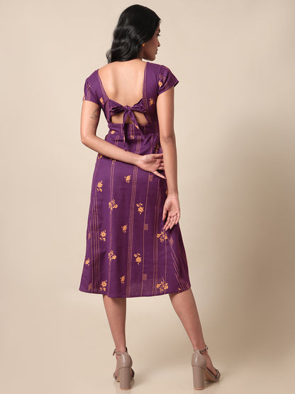 Bougainvillea Printed Purple Dress With Back Tie Up