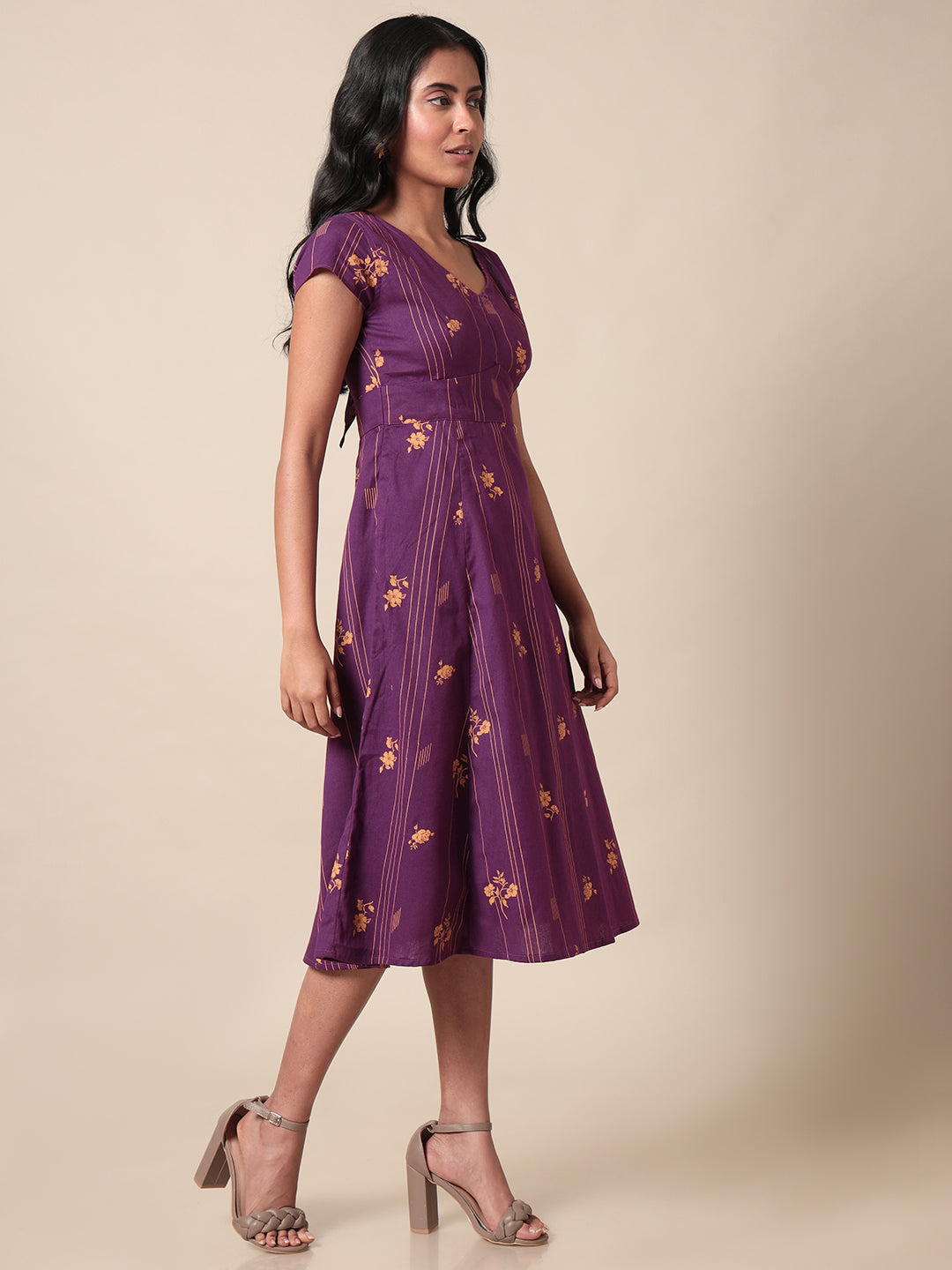 Bougainvillea Printed Purple Dress With Back Tie Up