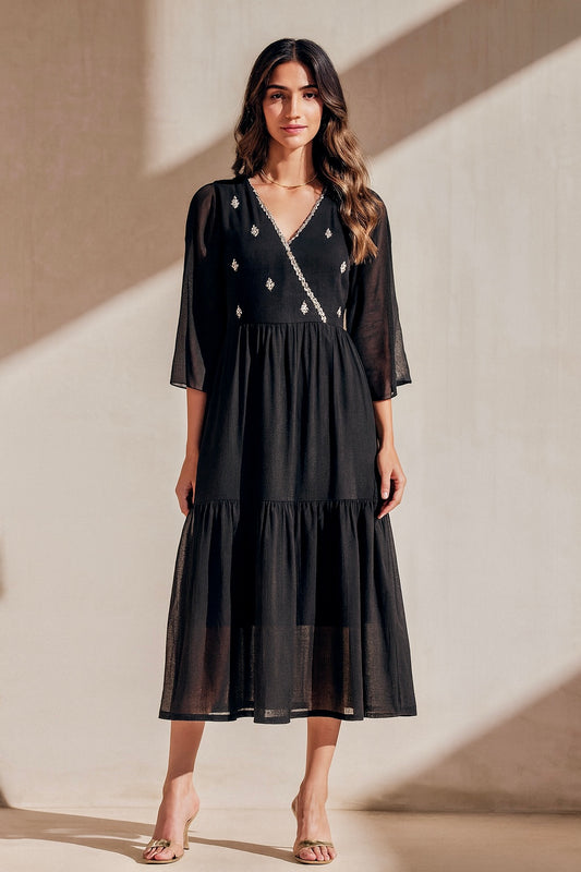 Inara Embroidered Black Tiered Dress