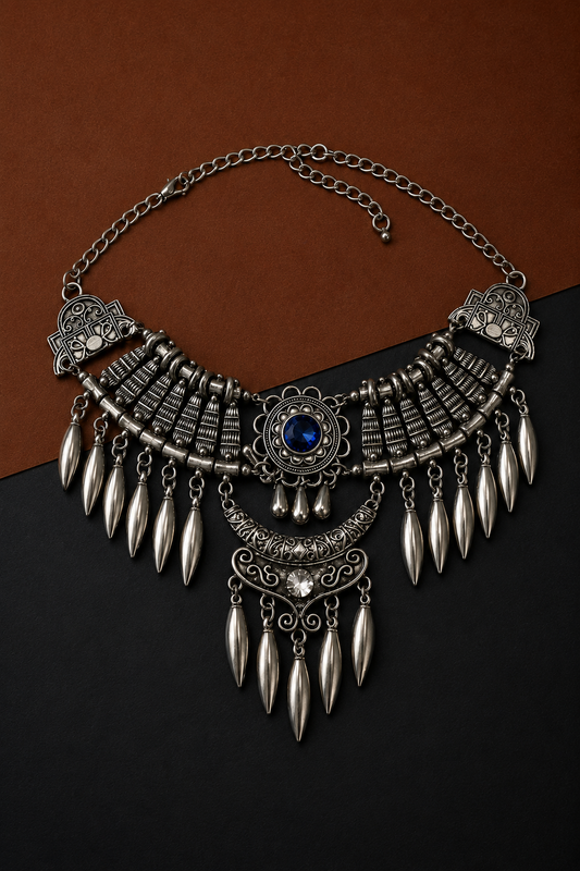 Earth & Silver Ocean Blue Stone Silver Necklace-VII