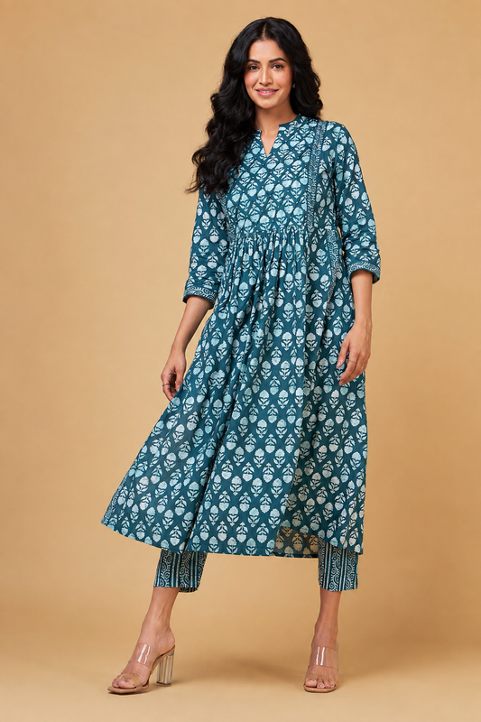 Blooming Melodies A-line Teal Kurta Set