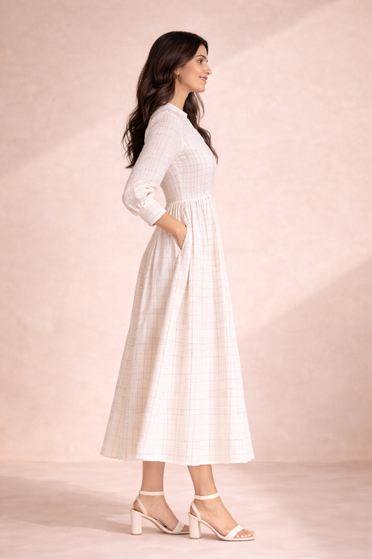 Ornate Oasis Off White Printed Checkered Dress