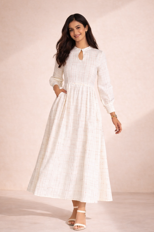 Ornate Oasis Off White Printed Checkered Dress