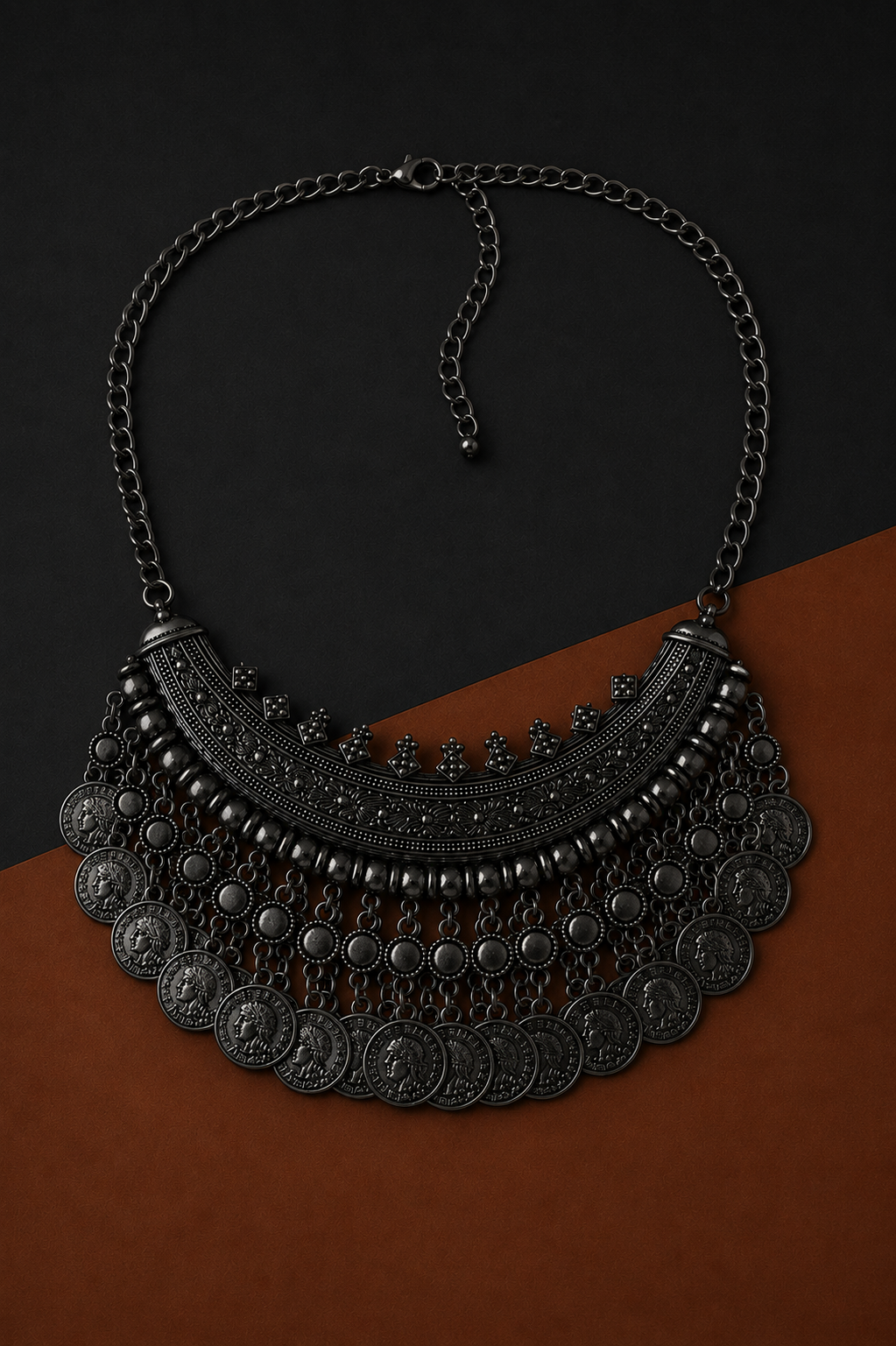 Earth & Silver Crescent Black Necklace-X