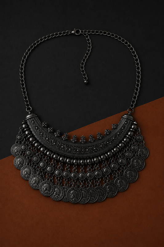 Earth & Silver Crescent Black Necklace-X