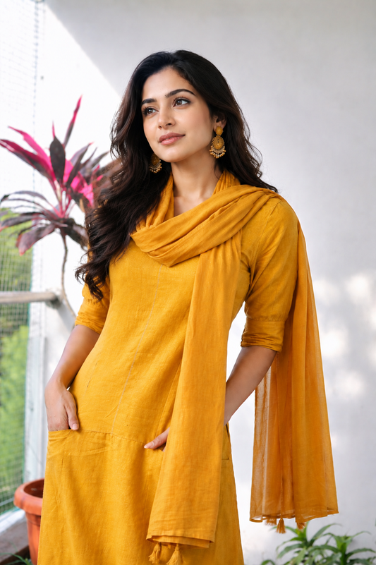 Soft Utility Solid Yellow Kurta Set With Front Pockets