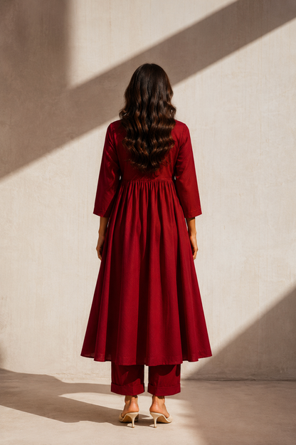 Autumn Yearn Solid Red A Line Kurta Set
