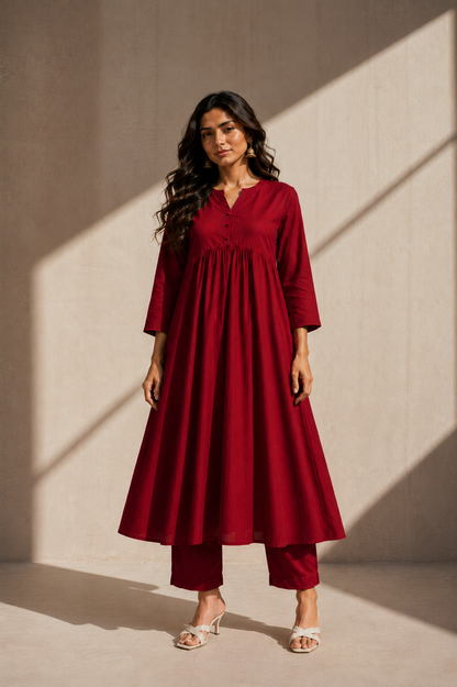 Autumn Yearn Solid Red A Line Kurta Set