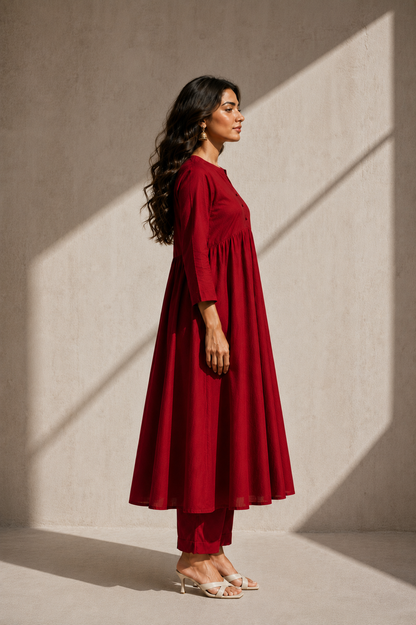 Autumn Yearn Solid Red A Line Kurta Set