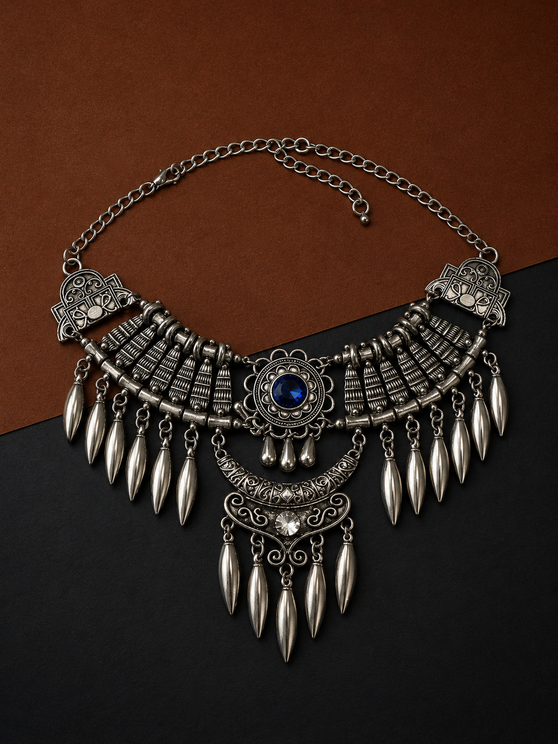 Earth & Silver Ocean Blue Stone Silver Necklace-VII