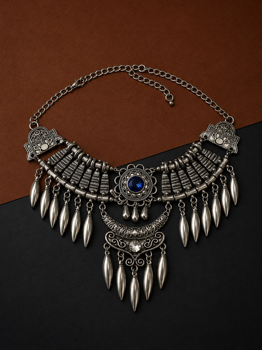 Earth & Silver Ocean Blue Stone Silver Necklace-VII