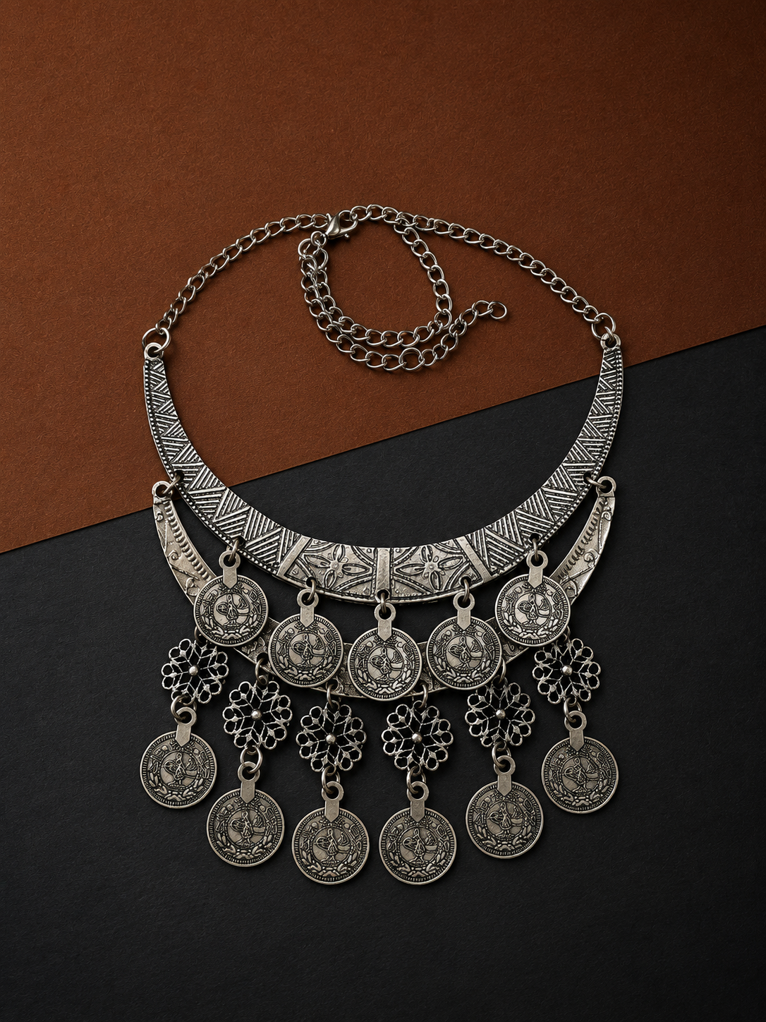 Earth & Silver Double Crescent Moon Necklace-VIII