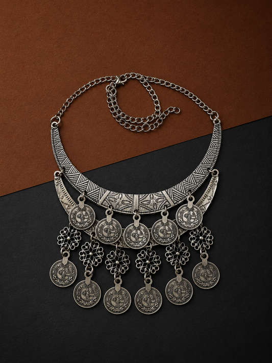 Earth & Silver Double Crescent Moon Necklace-VIII