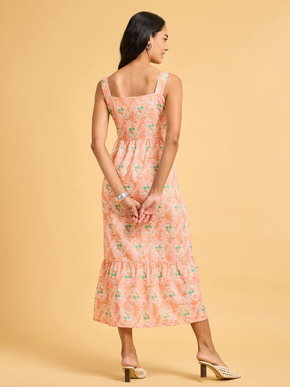 Painterly Peach Floral Tiered Midi Dress With Ruffled Square Neckline