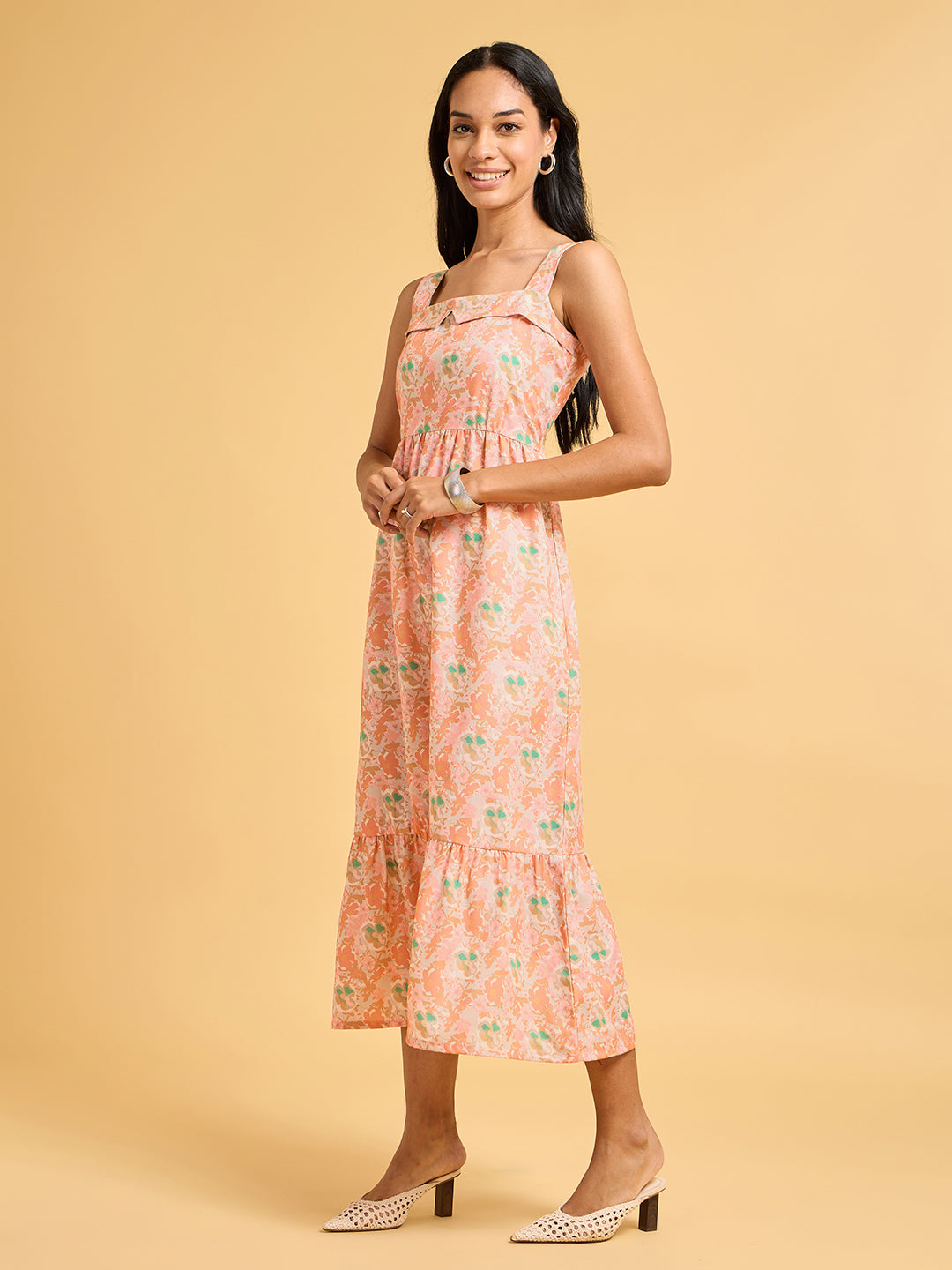 Painterly Peach Floral Tiered Midi Dress With Ruffled Square Neckline