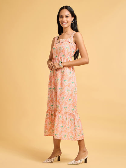 Painterly Peach Floral Tiered Midi Dress With Ruffled Square Neckline