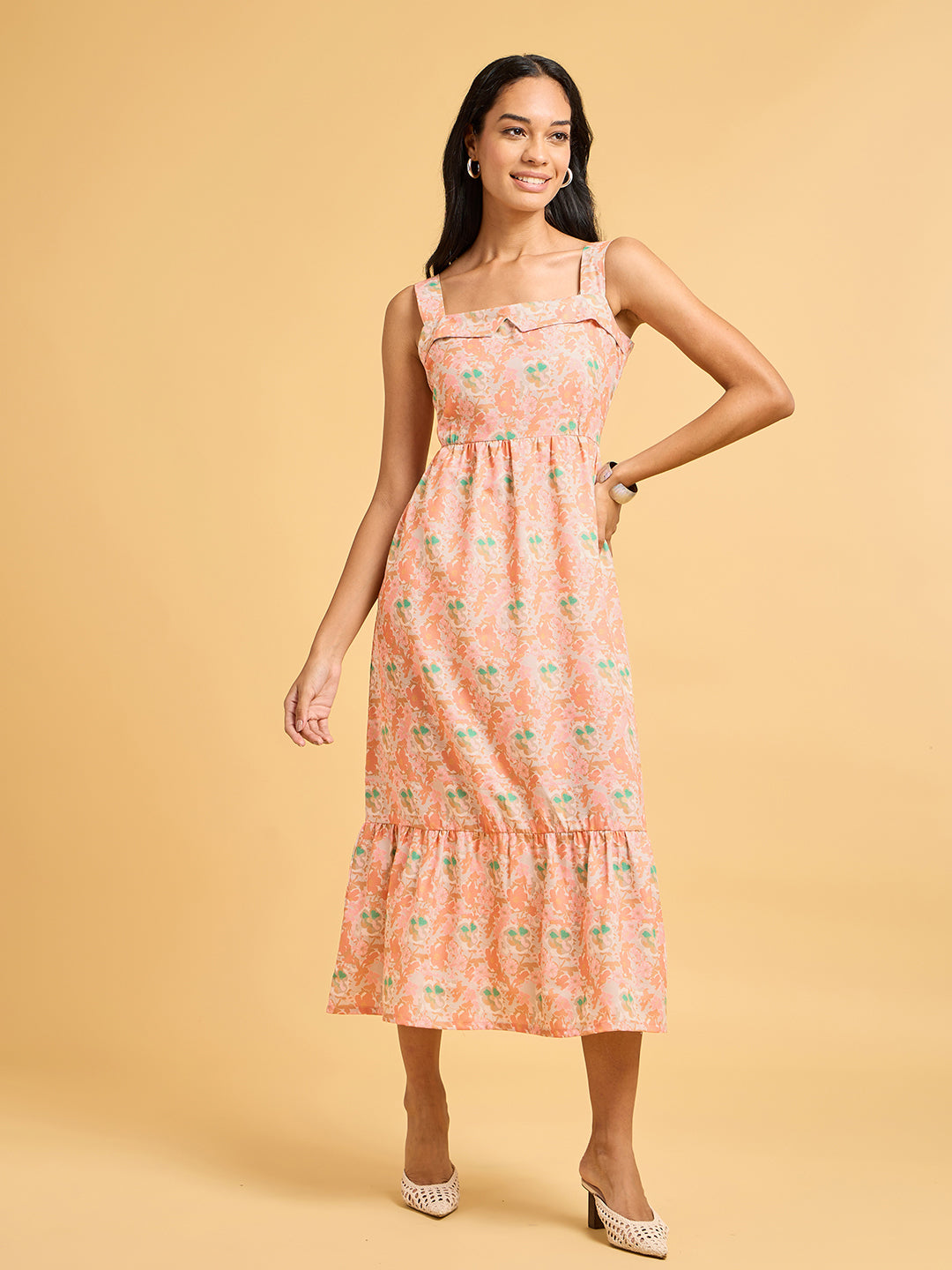 Painterly Peach Floral Tiered Midi Dress With Ruffled Square Neckline