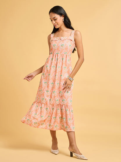 Painterly Peach Floral Tiered Midi Dress With Ruffled Square Neckline