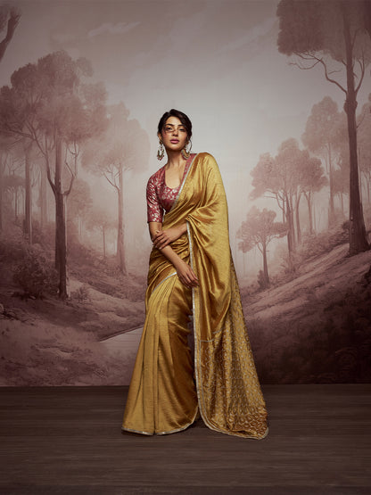 Dance of Duality Embroidered Solid Gold Saree