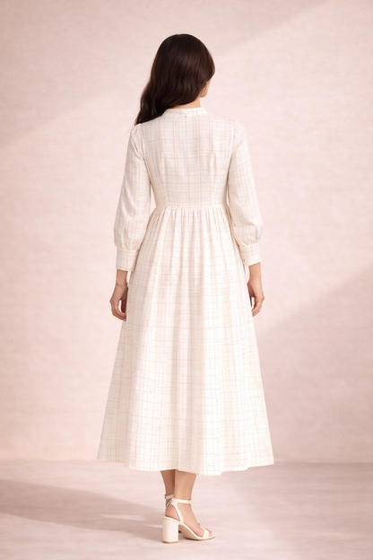 Ornate Oasis Off White Printed Checkered Dress