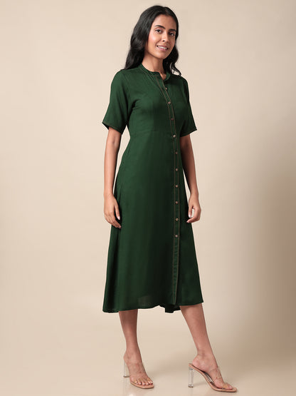 Eva Solid Green Button Down Fit And Flare Dress