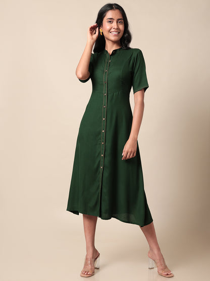 Eva Solid Green Button Down Fit And Flare Dress