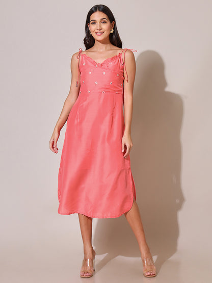 Florette Embroidered Peach Strappy Tie Up Dress