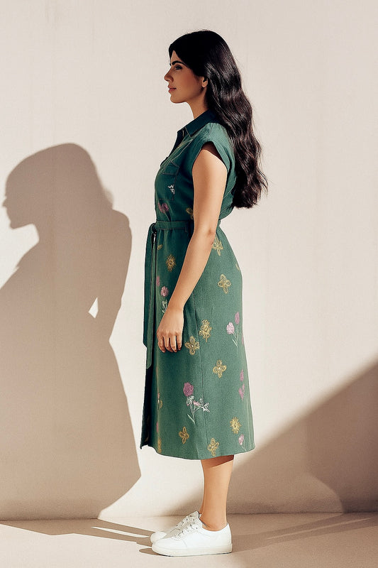 Painterly Green Floral Button Down Dress