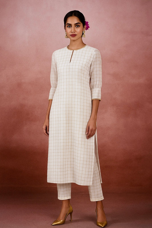 Mulla Off White & Gold Chequered Kurta