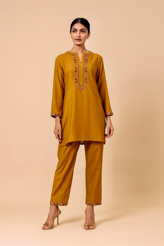 Ornate Oasis Mustard Embroidered Kurta Set