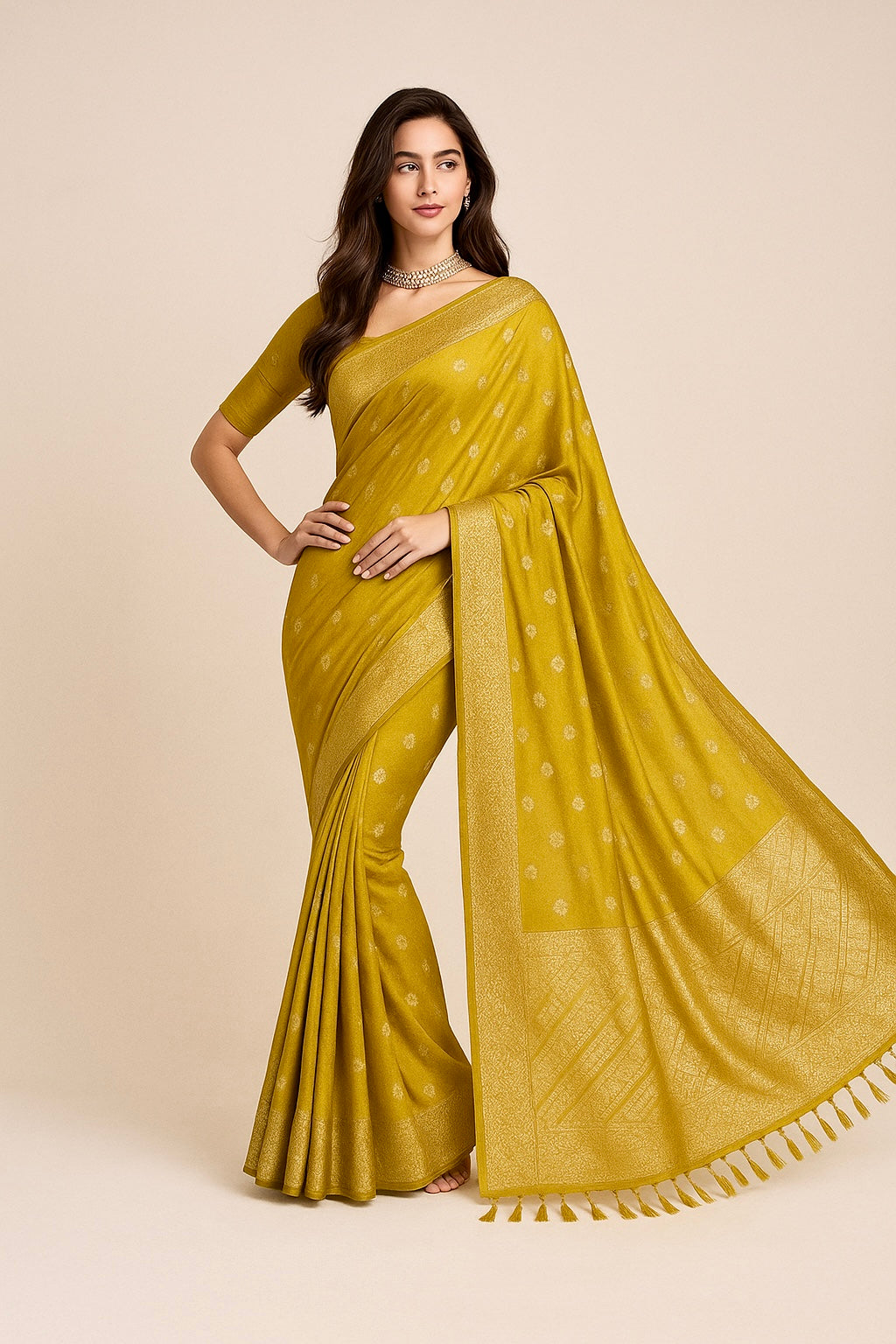 Divine Drapes Green Saree With Golden Motifs