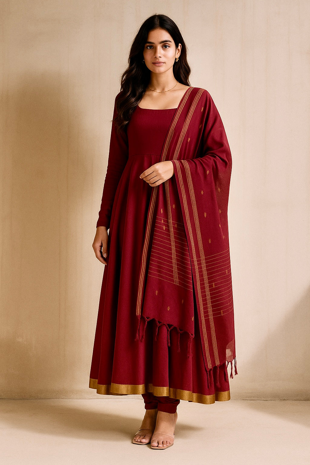 Claret Maroon Cotton Anarkali Set