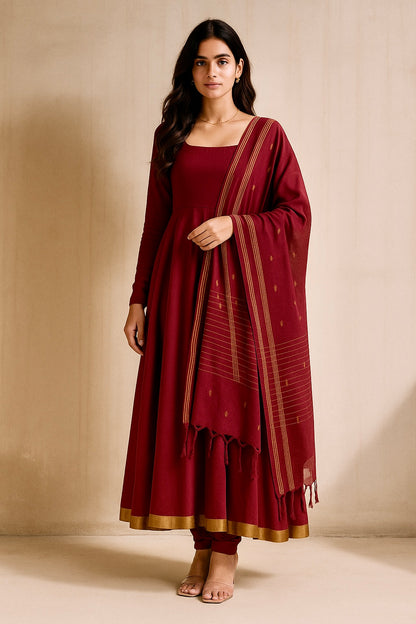 Claret Maroon Cotton Anarkali Set