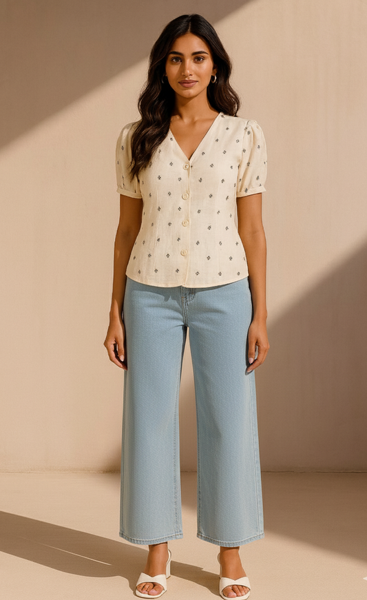 Lila White Top with Gold Motifs