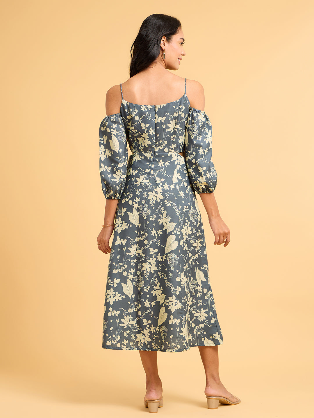 Home Folk White Floral Printed Grey Midi Dress