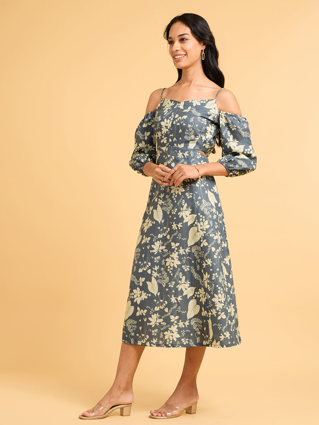 Home Folk White Floral Printed Grey Midi Dress