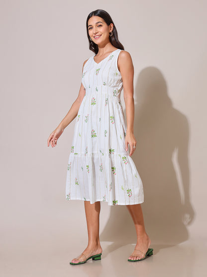 Herberium Floral Printed White Tiered Dress