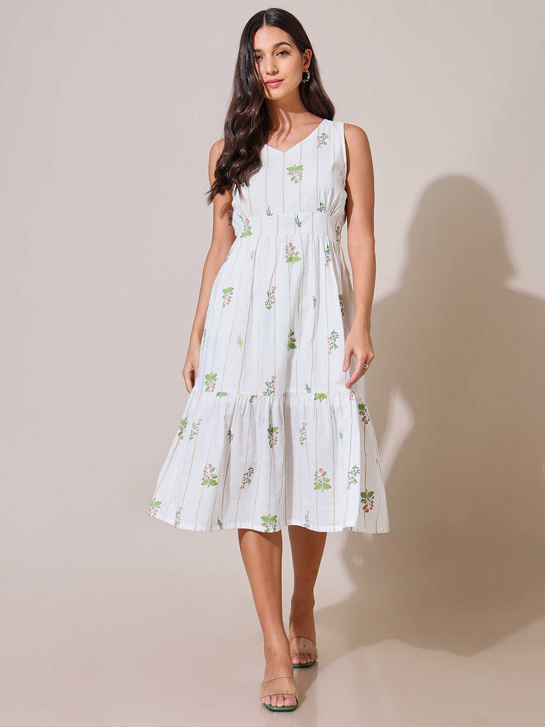 Herberium Floral Printed White Tiered Dress