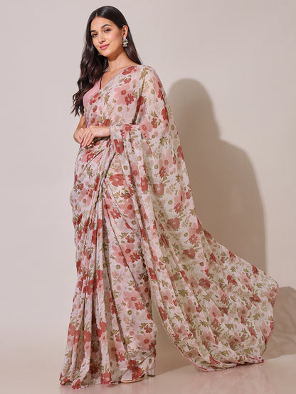Moonstruck Memoir Chiffon Floral Printed Beige Saree