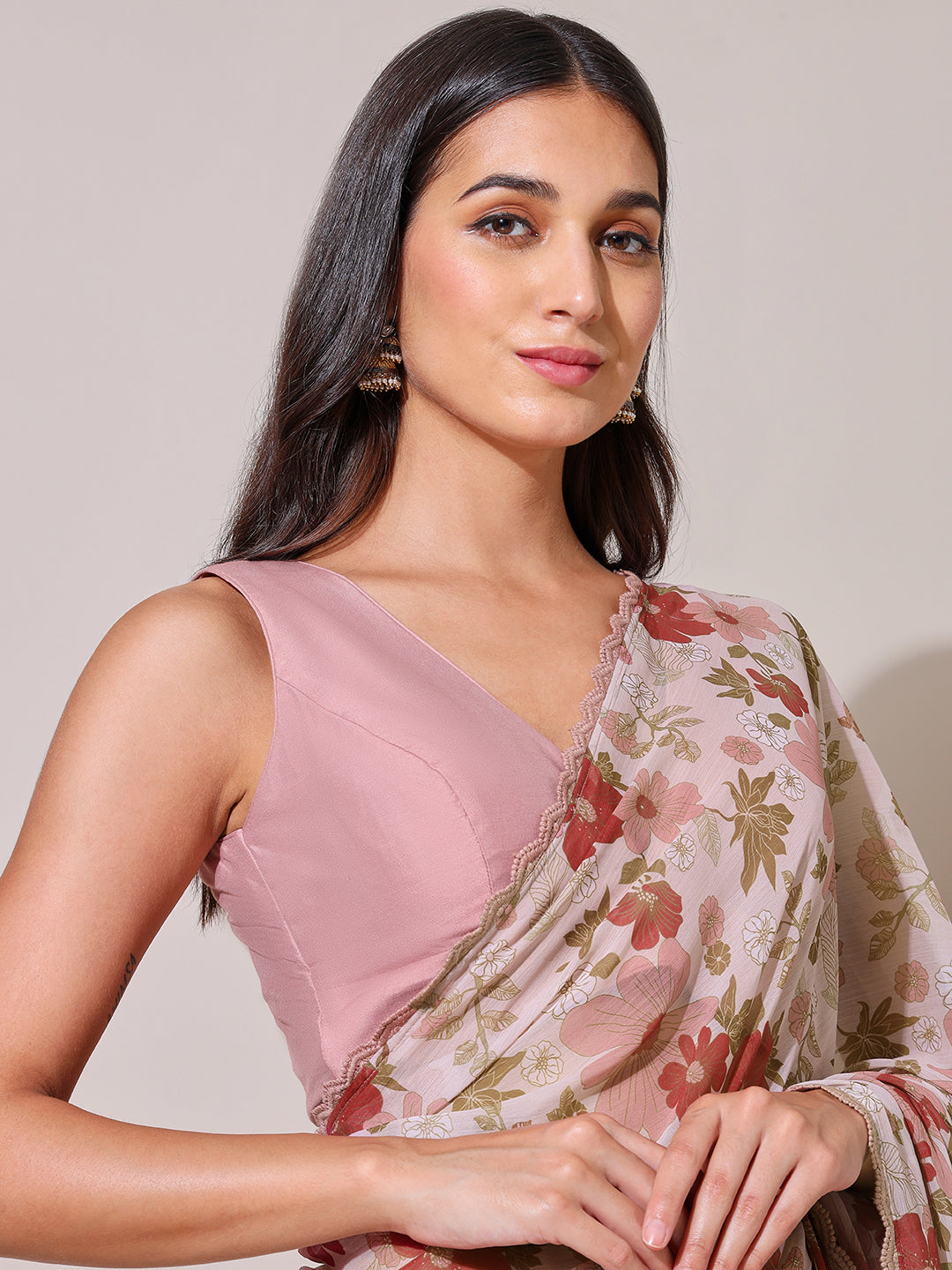 Moonstruck Memoir Chiffon Floral Printed Beige Saree