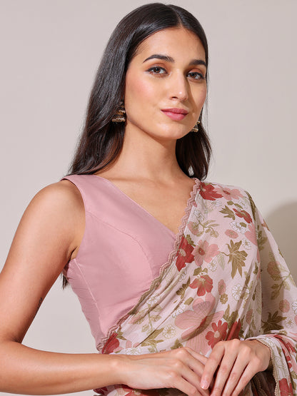 Moonstruck Memoir Chiffon Floral Printed Beige Saree