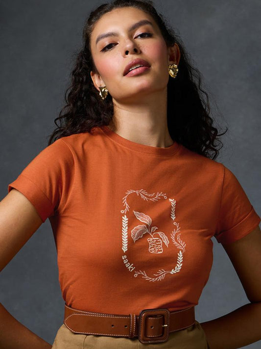 Petals Of Power Burnt Orange Fitted  T-Shirt With Print