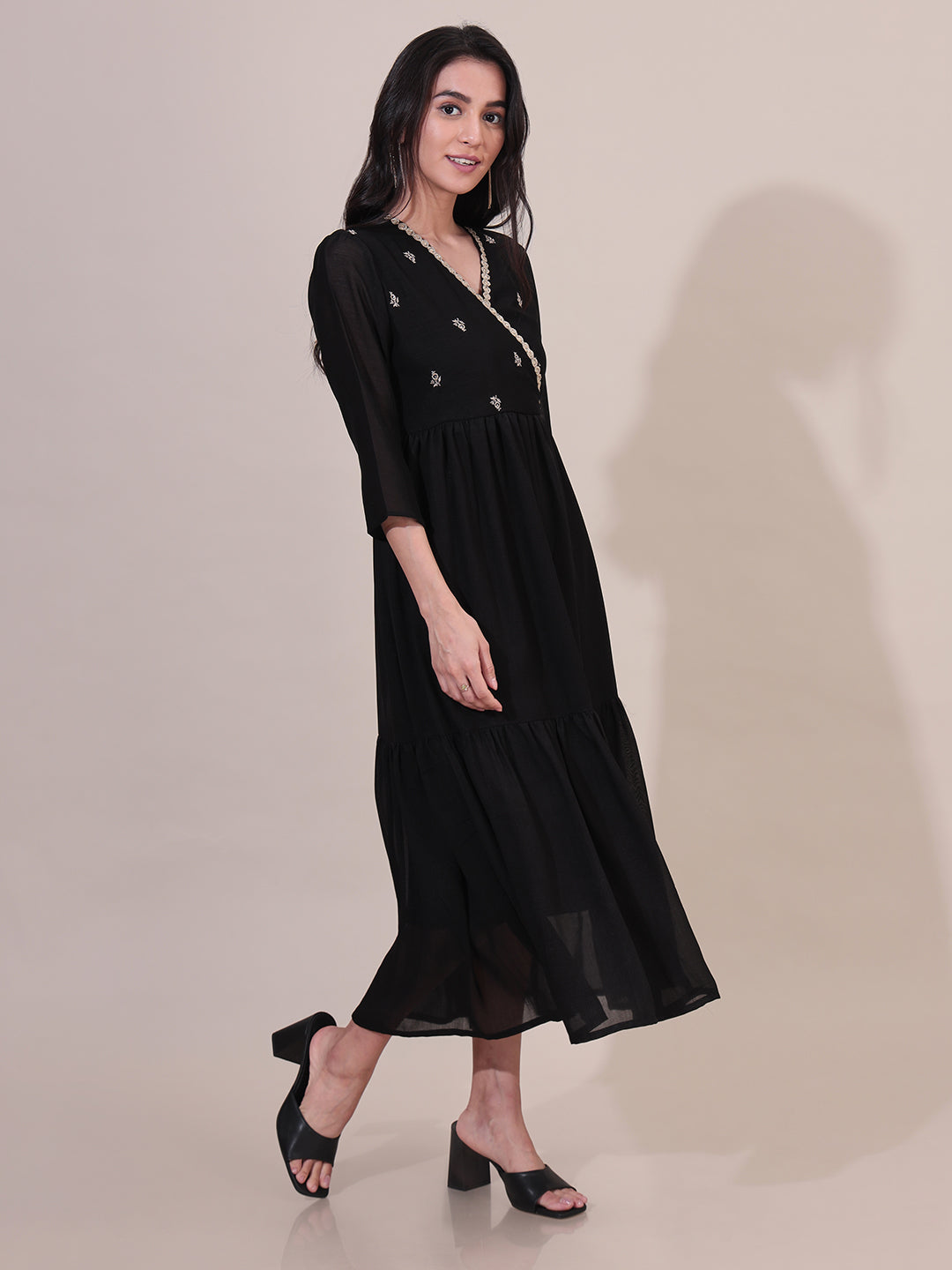 Inara Embroidered Black Tiered Dress