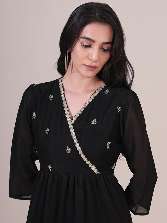 Inara Embroidered Black Tiered Dress
