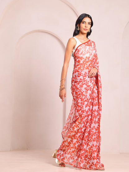 Inara Floral Abstract Printed Red Saree