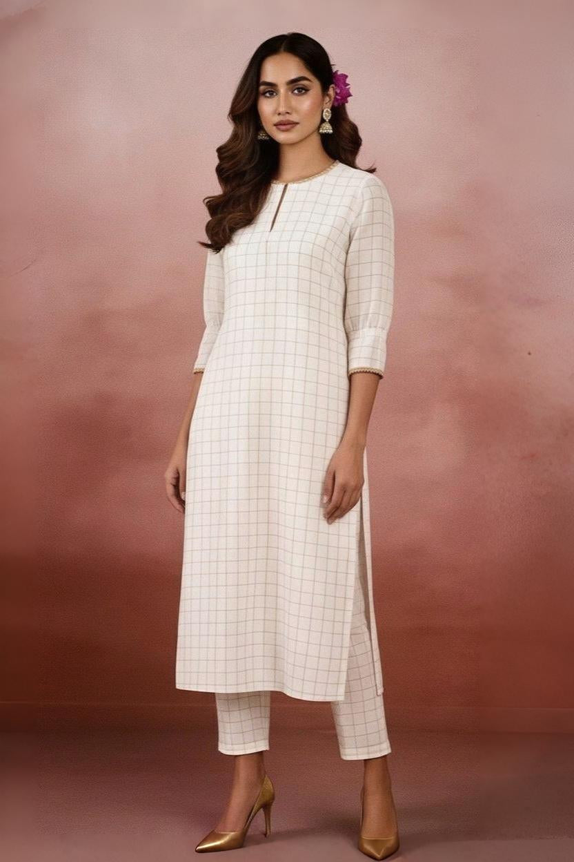 Mulla Off White & Gold Chequered Kurta Set
