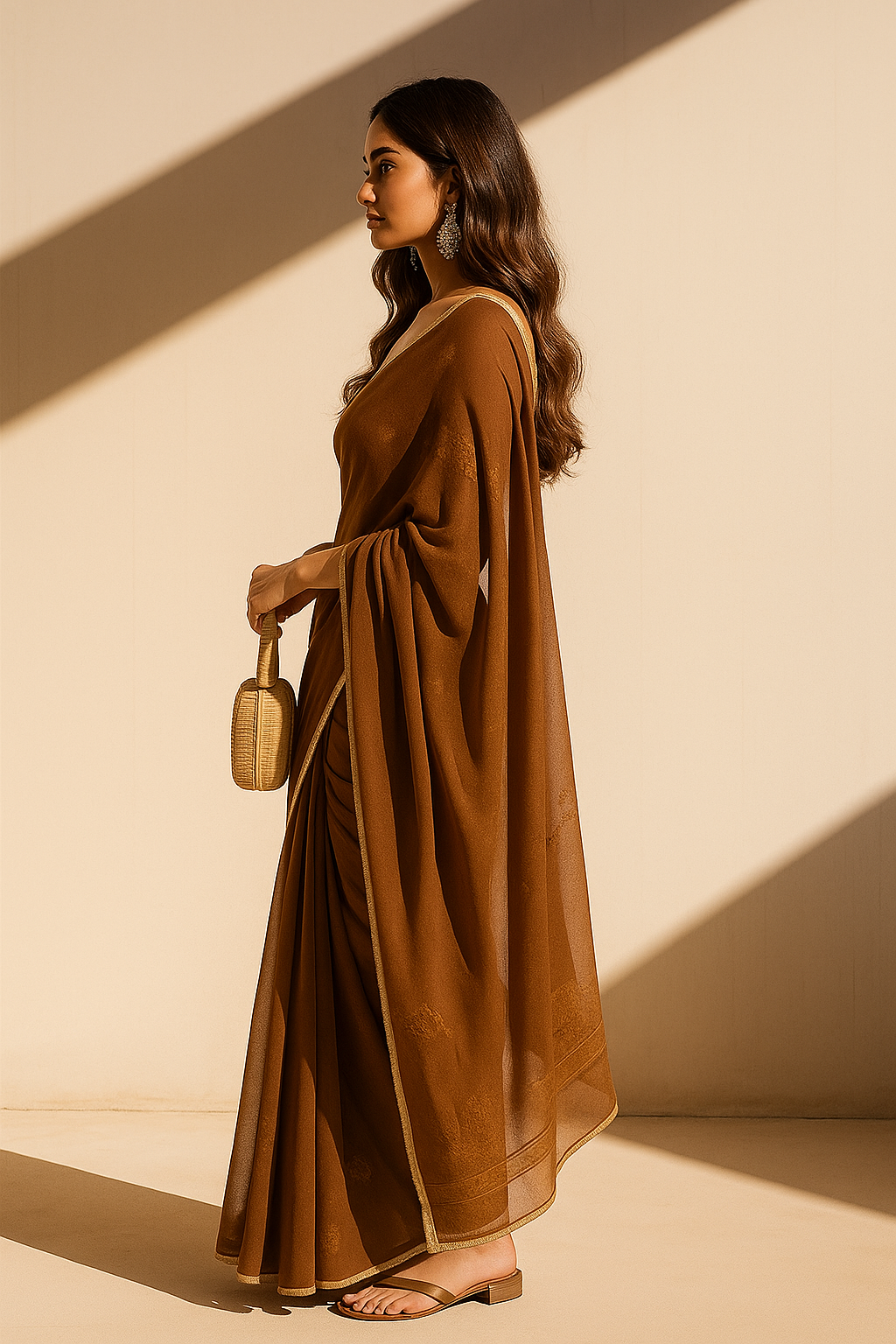 Aura Solid Brown Festive Saree