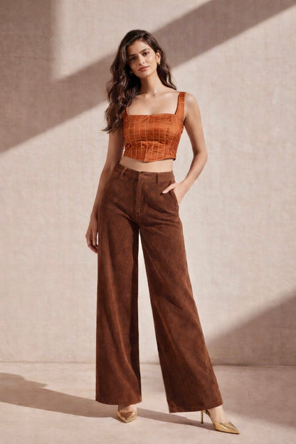 Vive Rust Checkered Chanderi Corset Top